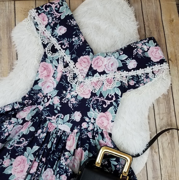 Vintage Dresses & Skirts - Vintage Jessica Mcclintock Navy Floral 80s Dress